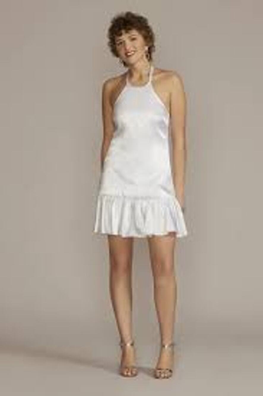 Jules & Cleo Charmeuse Mini Ruffled Hem Tie Halter White Dress Size 4